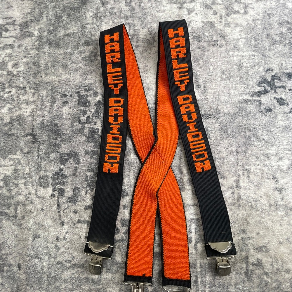Harley Davidson Suspenders Mens Black Orange Cotton Elastic Clip On Logo